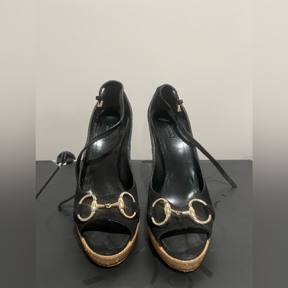 Gucci horsebit black suede ankle strap espadrille wedges size 7.5 US